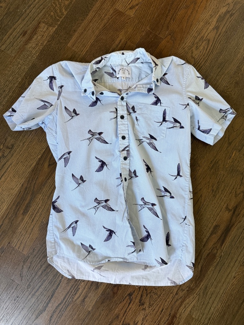 Kirrin Finch Light Blue Striped Bird-Print Short Sleeve Button-Up Shirt